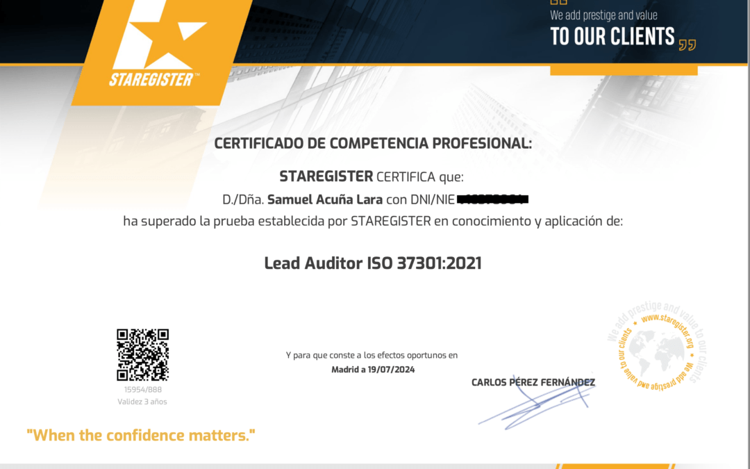 Auditor Líder en ISO 37301:2021: STAREGISTER ha certificado mi competencia profesional
